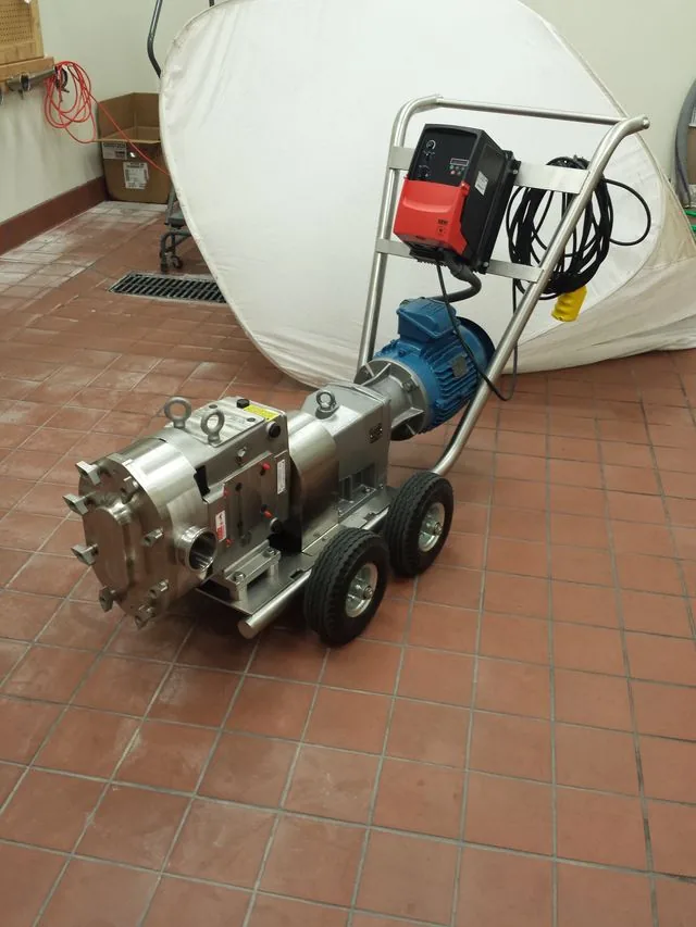 Portable stainless lobe pump cart with SEW drive for winery wine transfer